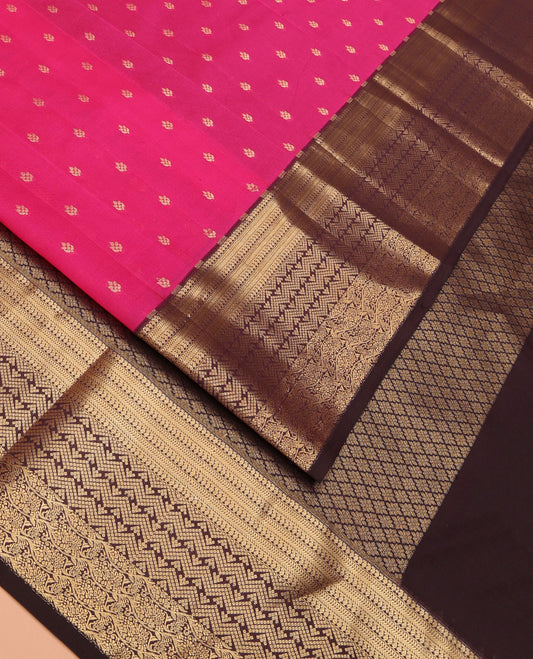 Pink Vasundhara Lite Silk Mix Saree Beautified with Zari Buttas, Complemented by a Contrast Border of Manga Mokku, Muthu, Kathir, Neli, and Kodi Visiry Designs, Pallu Elevated with Jaal Designs, and Paired with a Contrast Zari-Bordered Blouse