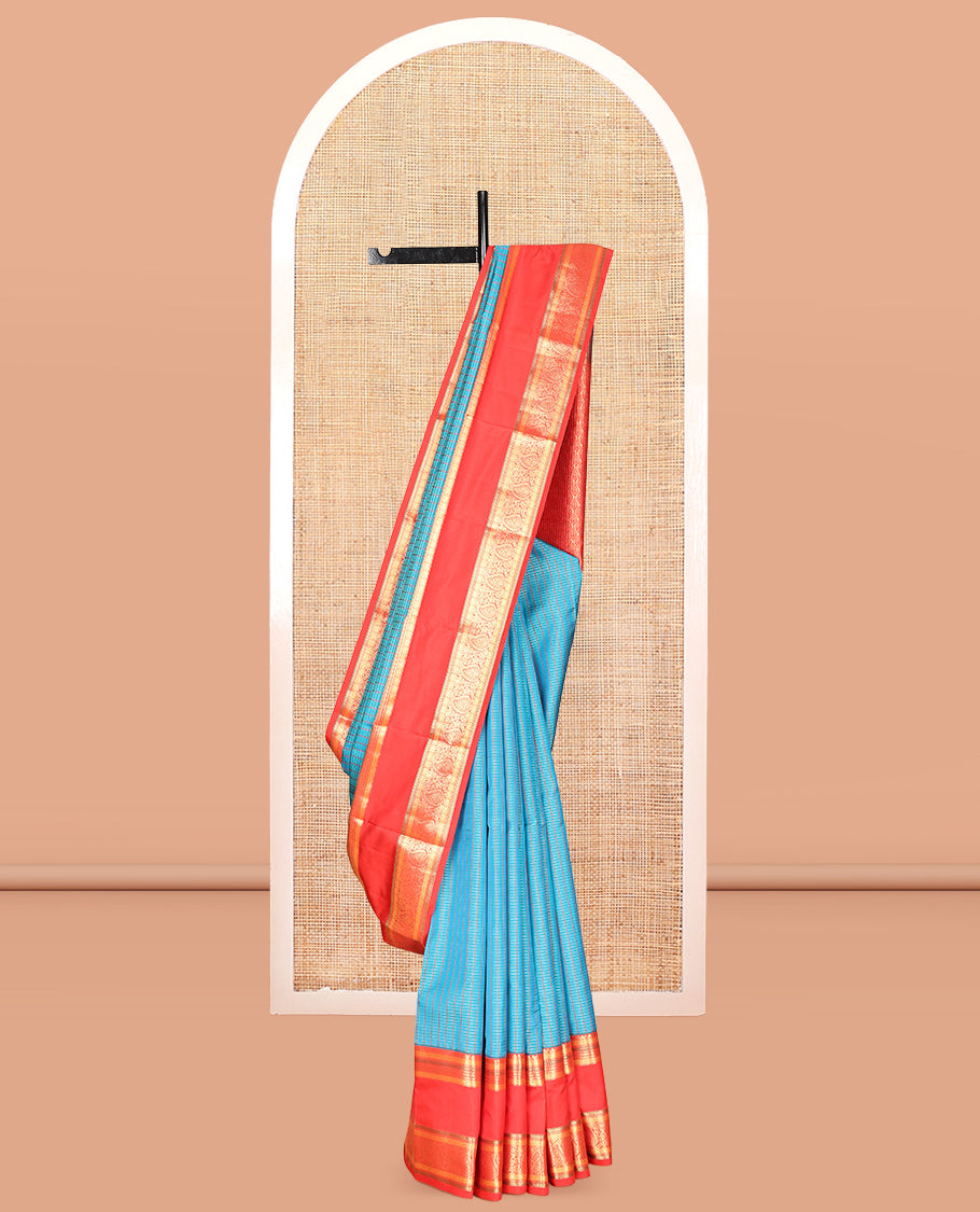 Blue Vasundhara Lite Silk Mix Saree, Elevated with Checks, a Contrast Rettai Pettu Border of Kamalam, Muthu, Kathir, and Manga Designs, Grand Pallu, and a Contrast Blouse
