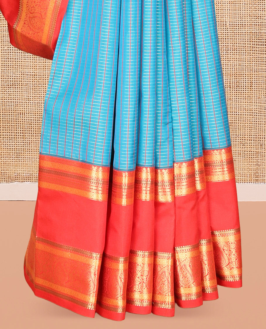 Blue Vasundhara Lite Silk Mix Saree, Elevated with Checks, a Contrast Rettai Pettu Border of Kamalam, Muthu, Kathir, and Manga Designs, Grand Pallu, and a Contrast Blouse
