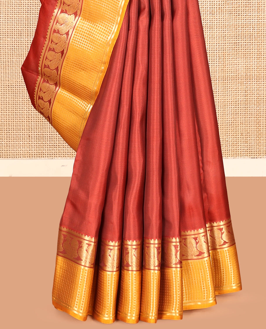 Red Plain Vasundhara Lite Silk Mix Saree, a Contrast Checked Zari Border of Rekku, and Mayil Designs, Grand Pallu, and a Contrast Blouse