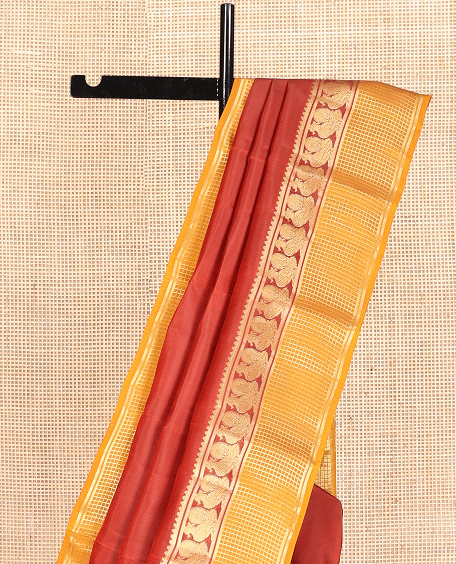Red Plain Vasundhara Lite Silk Mix Saree, a Contrast Checked Zari Border of Rekku, and Mayil Designs, Grand Pallu, and a Contrast Blouse