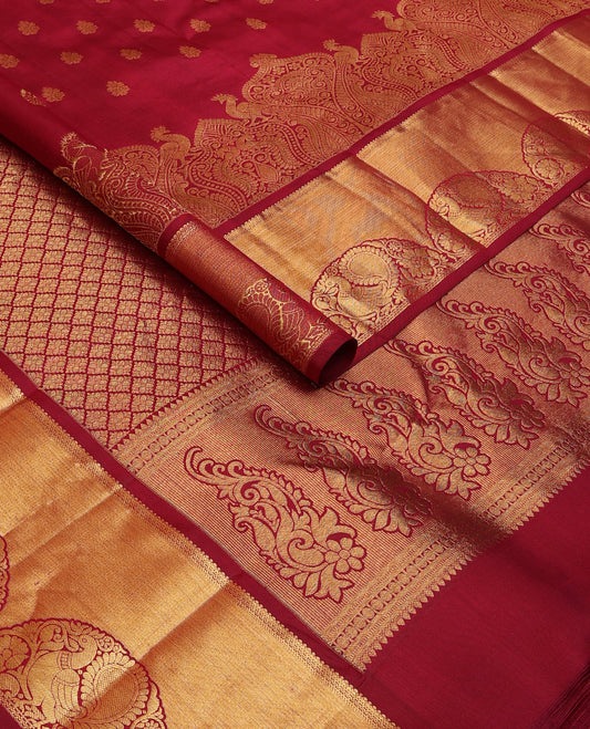 Red silksaree with zari buttas, getti zari border of scallop floral & peacock designs & jaal pallu