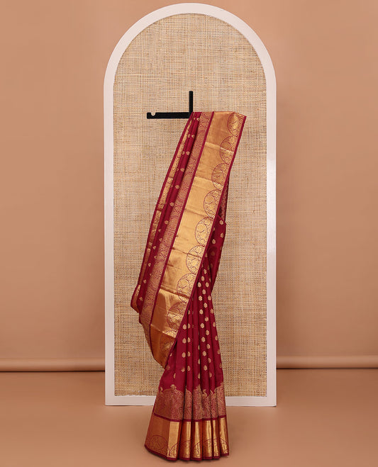Red silksaree with zari buttas, getti zari border of scallop floral & peacock designs & jaal pallu