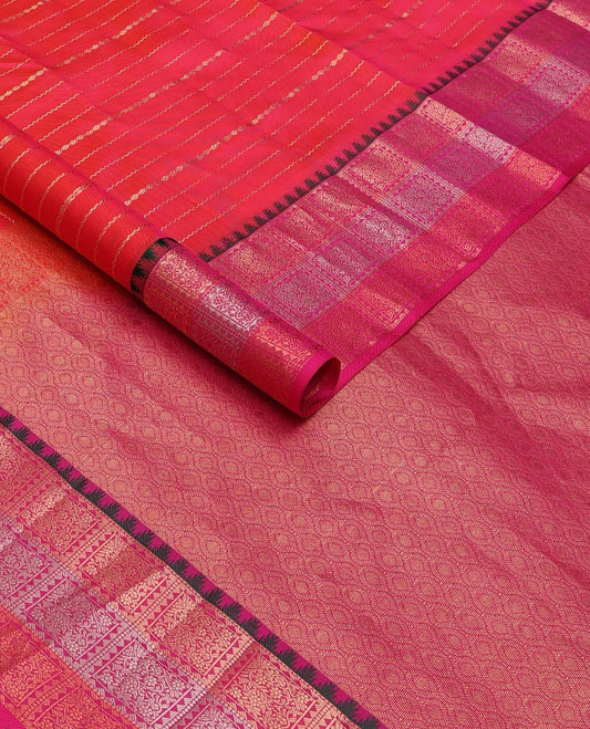 Pink zari design silk saree, contrast thazampoo rekku floral jaal enclosed checked border & ogee patterned pallu