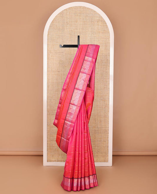 Pink zari design silk saree, contrast thazampoo rekku floral jaal enclosed checked border & ogee patterned pallu
