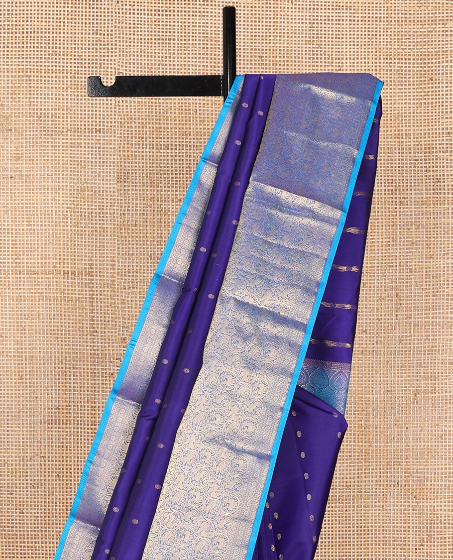 Blue zari buttas silk saree, contrast jaal pallu & border of thilakam mokku,neli,kamalam & vanasingaram designs