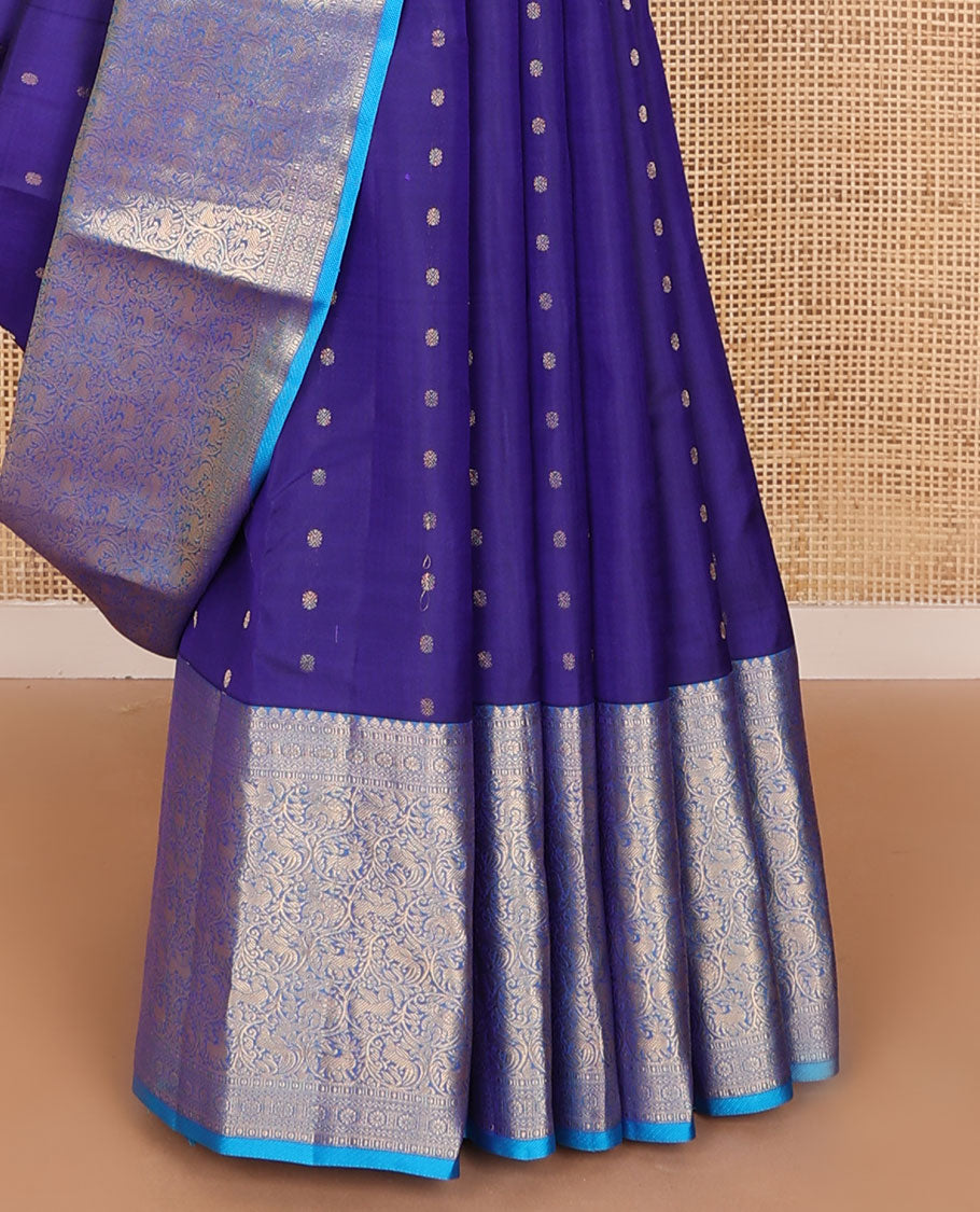 Blue zari buttas silk saree, contrast jaal pallu & border of thilakam mokku,neli,kamalam & vanasingaram designs