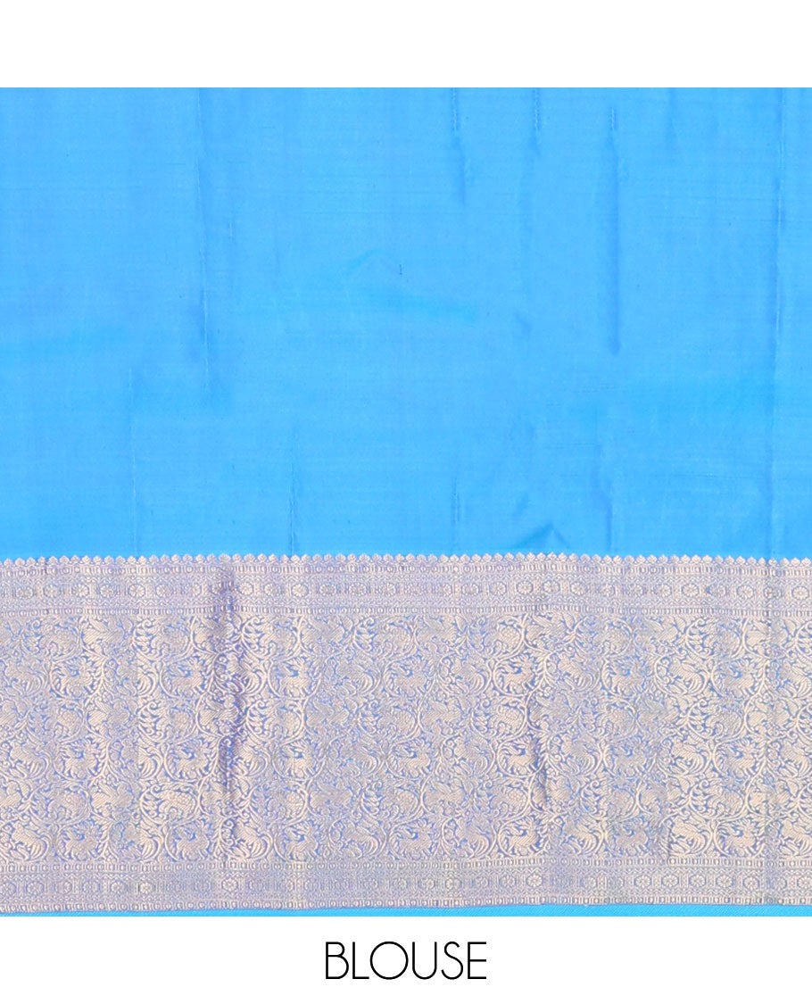Blue zari buttas silk saree, contrast jaal pallu & border of thilakam mokku,neli,kamalam & vanasingaram designs