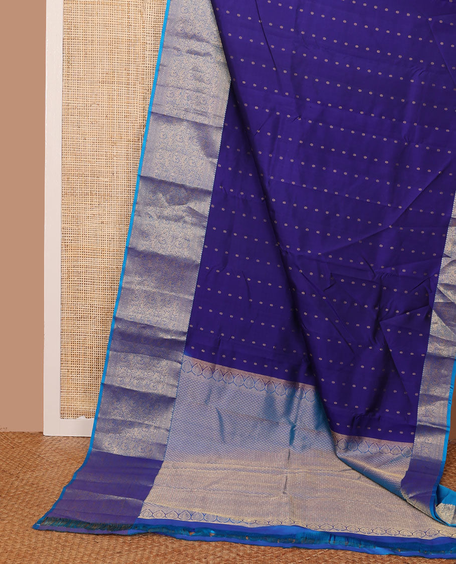 Blue zari buttas silk saree, contrast jaal pallu & border of thilakam mokku,neli,kamalam & vanasingaram designs