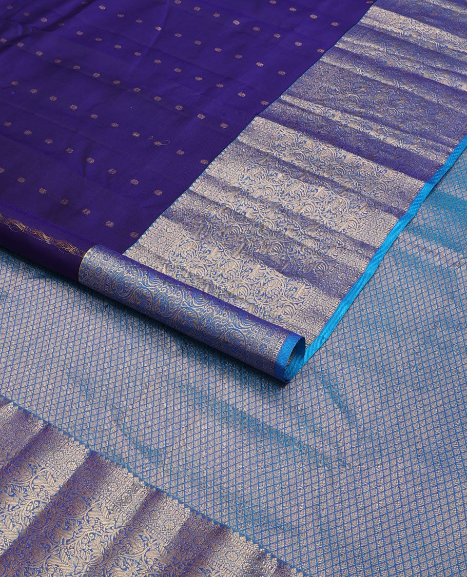 Blue zari buttas silk saree, contrast jaal pallu & border of thilakam mokku,neli,kamalam & vanasingaram designs