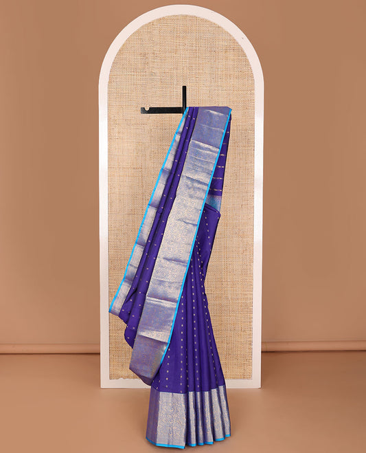 Blue zari buttas silk saree, contrast jaal pallu & border of thilakam mokku,neli,kamalam & vanasingaram designs
