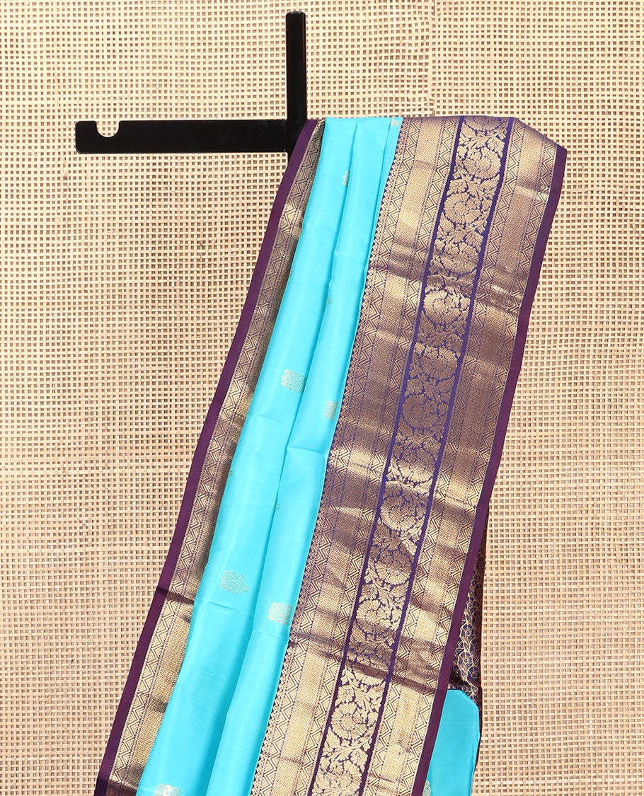 Blue Vasundhara Silk Saree, Adorned with Zari Buttas All Over Its Body, Complemented by Contrast Border of Mayil Kann And Kodi Visiry Designs, Grand Pallu and Paired with a Contrast Blouse