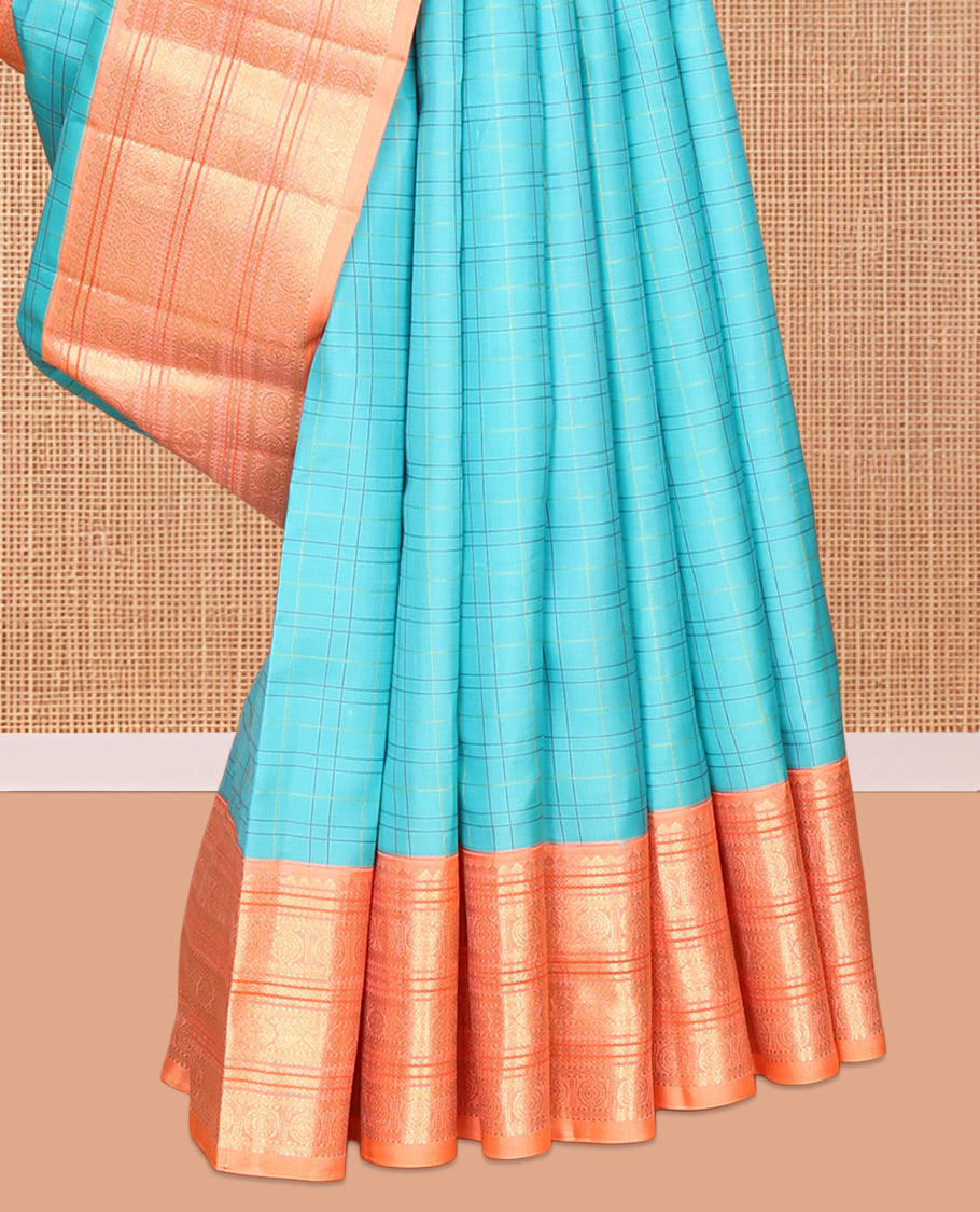 Blue Vasundhara Silk Saree, Woven with Checks, Contrast Border of Rekku, Chakram, and Jada Nagam Designs, Grand Pallu, and a Contrast Blouse