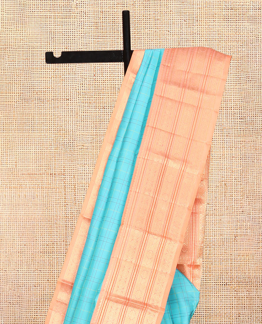Blue Vasundhara Silk Saree, Woven with Checks, Contrast Border of Rekku, Chakram, and Jada Nagam Designs, Grand Pallu, and a Contrast Blouse