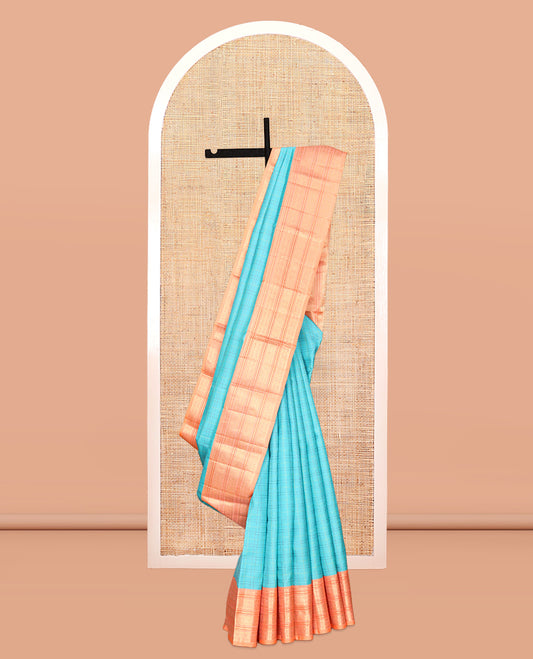 Blue Vasundhara Silk Saree, Woven with Checks, Contrast Border of Rekku, Chakram, and Jada Nagam Designs, Grand Pallu, and a Contrast Blouse