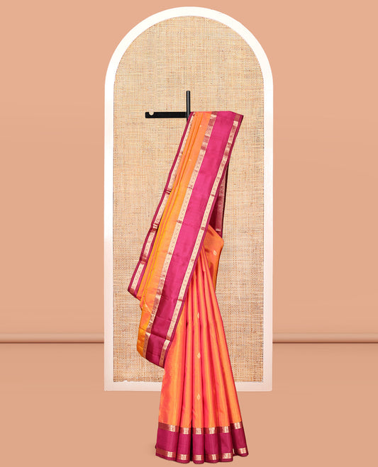 Orange Vasundhara Silk Saree, Woven with Buttas, Contrast Rettai Pettu Border of Thilakam Mokku, and Laddu Kamalam Designs, Rich Pallu, and Contrast Blouse