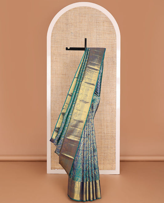 Blue jacquard wedding silk saree, zari-rich jaal pallu & zari border of rekku,muthu,mayil kann, ara maadam &  kodi visiry