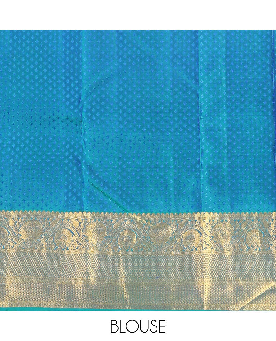 Blue jacquard wedding silk saree, zari-rich jaal pallu & zari border of rekku,muthu,mayil kann, ara maadam &  kodi visiry