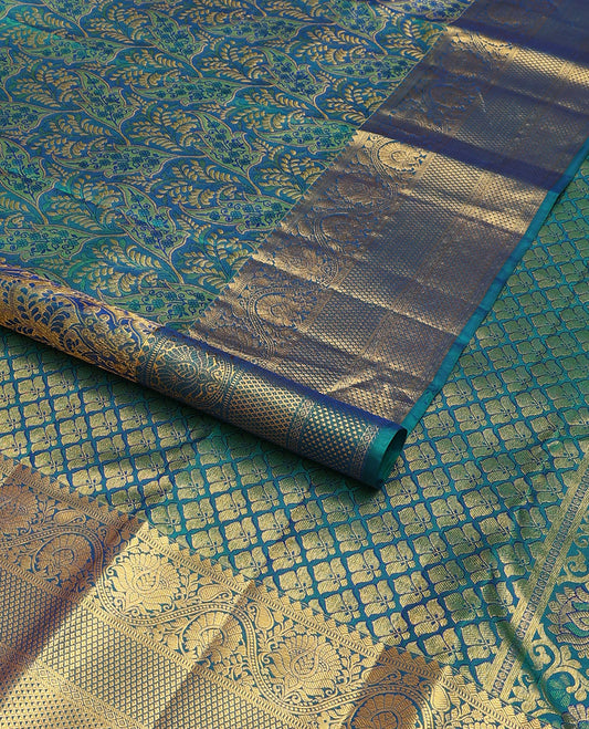Blue jacquard wedding silk saree, zari-rich jaal pallu & zari border of rekku,muthu,mayil kann, ara maadam &  kodi visiry