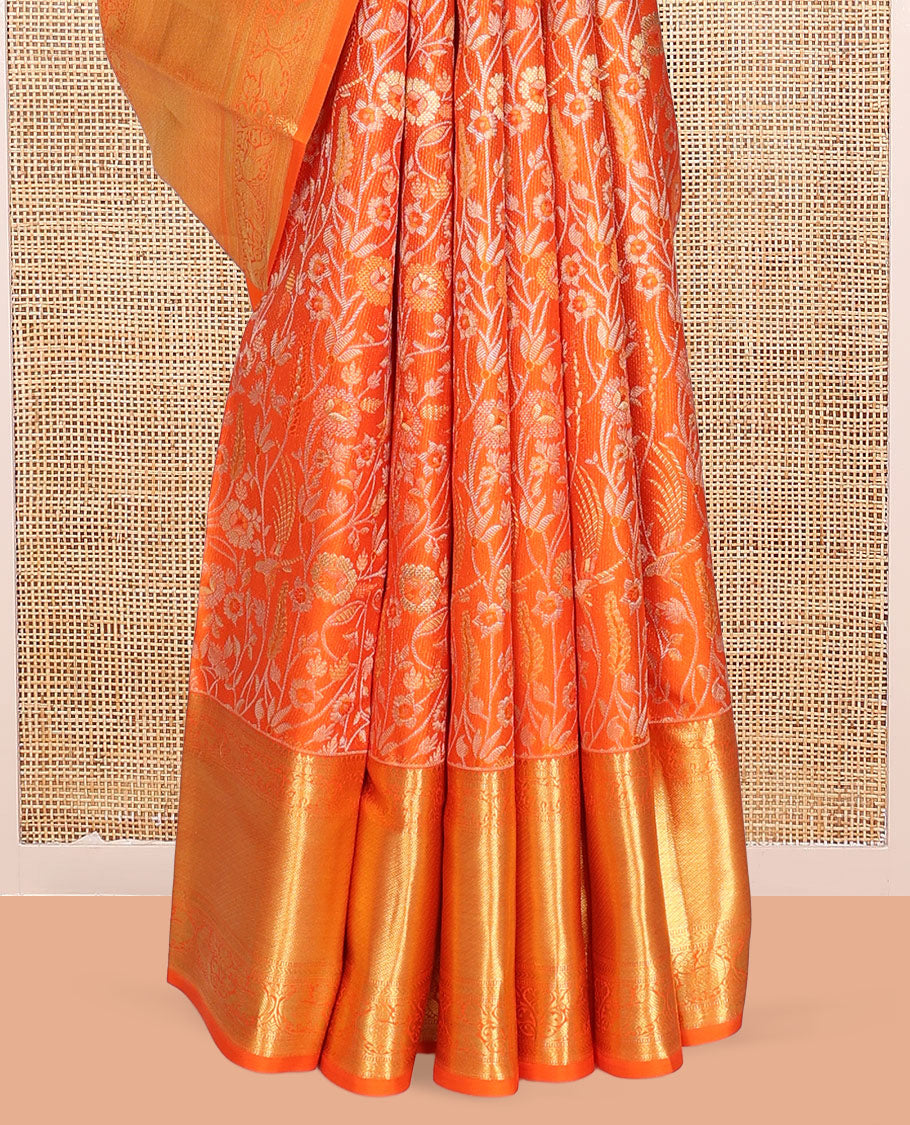 Orange Jacquard Kanchipuram Wedding Silk Saree, Highlighted by a Zari Border of Thilakam Mokku, Yaanai, Mayil, Kathir Designs, Intricately Designed Pallu, and Matching Blouse