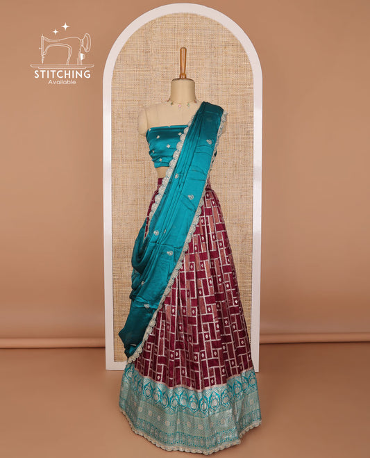 Maroon geometric design banaras half saree with contrast intricate zari design border, embroidered blouse & floral embroidery dhavani