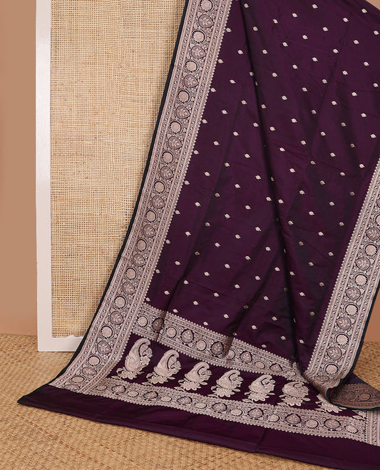 Purple motifs banaras silk saree with self floral design border & floral design pallu