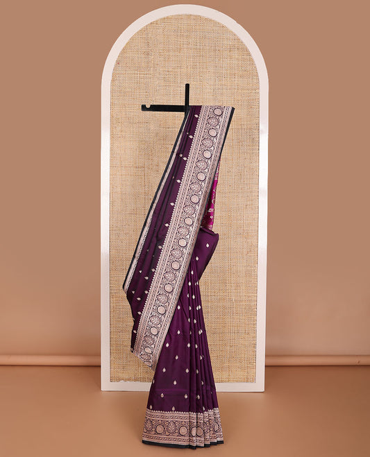 Purple motifs banaras silk saree with self floral design border & floral design pallu