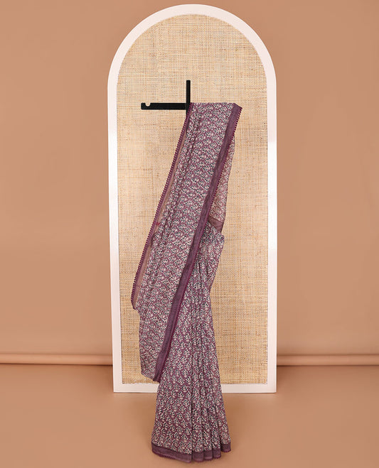 Violet floral design chanderi cotton saree with self plain border