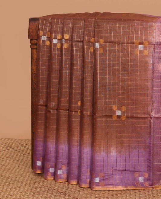 Brown checked linen saree with contrast geometric design border & checked, geometric design pallu
