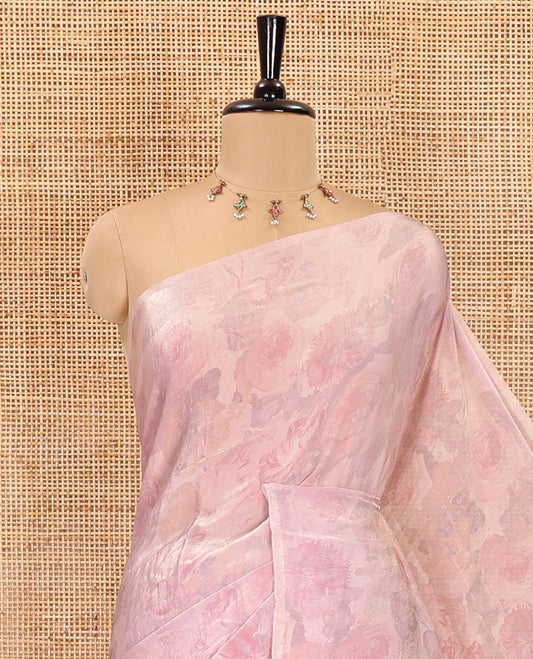 Borderless baby pink colorful floral printed fendi satin saree, self-pallu, and plain blouse