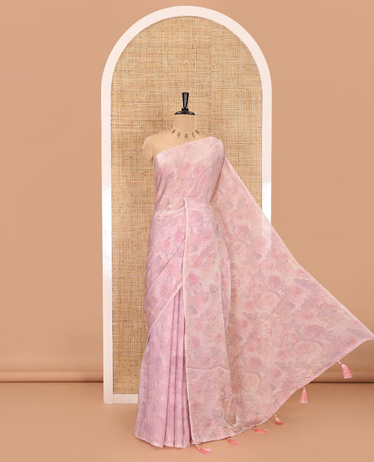 Borderless baby pink colorful floral printed fendi satin saree, self-pallu, and plain blouse
