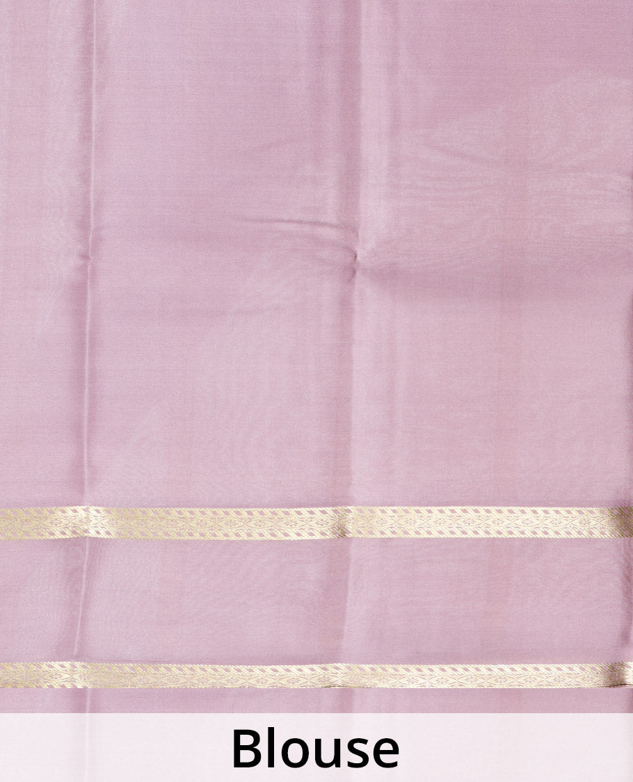 Black Plain Mysore Silk Saree, Complemented by a Contrast Rettai Pettu Border of Traditional Zari Designs, a Subtly Sparkled Pallu of Zari Stripes, and a Contrast Blouse