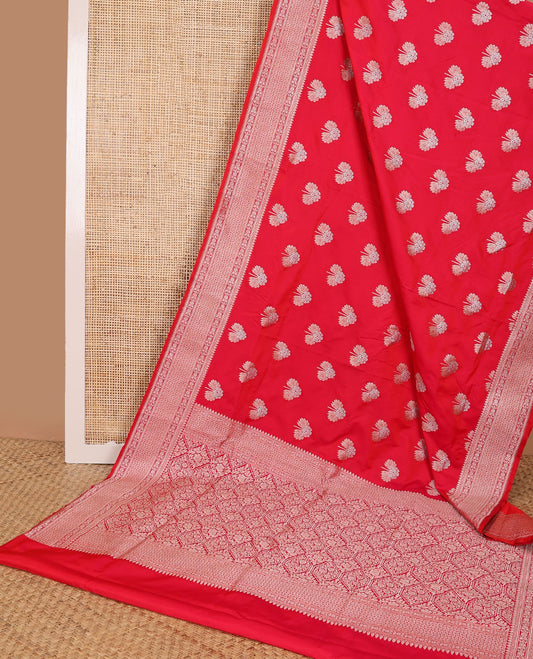 Red motifs banaras silk saree with self floral design border & floral jaal design pallu