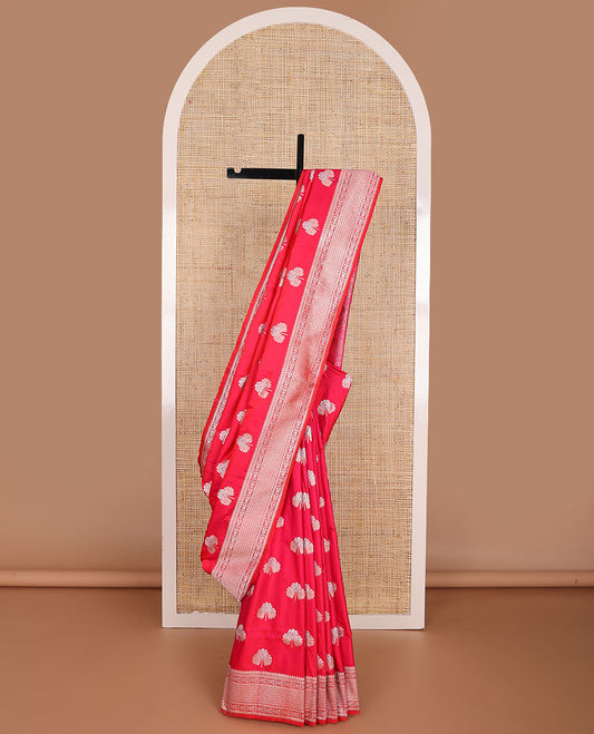 Red motifs banaras silk saree with self floral design border & floral jaal design pallu