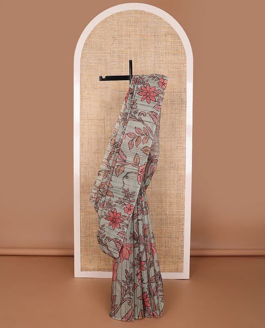 Borderless grey floral vine design kamala silk saree with contrast floral round motifs blouse
