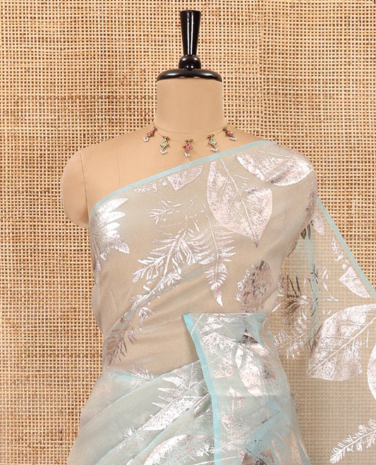 Borderless rama tropical floral-leaf motifs foil printed glass tissue saree, tropical floral-leaf theme foil printed pallu