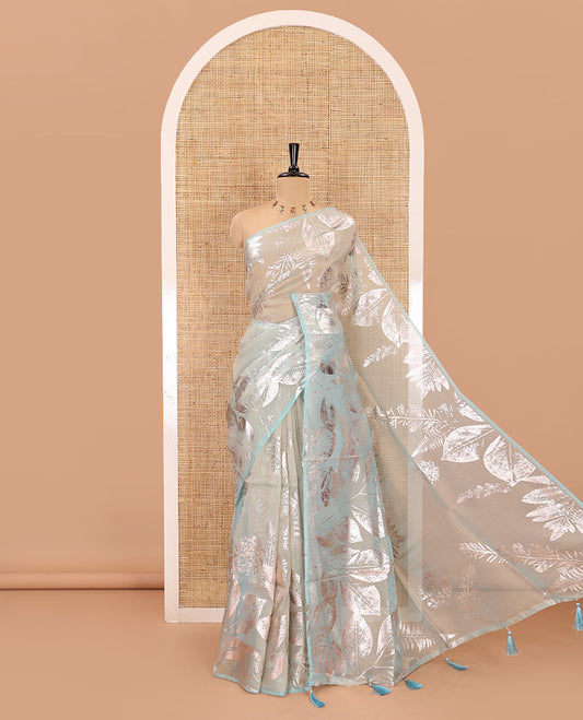 Borderless rama tropical floral-leaf motifs foil printed glass tissue saree, tropical floral-leaf theme foil printed pallu