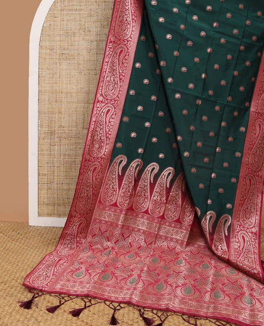 Dark green floral motifs butter silk saree with contrast paisley design border & floral, paisley design pallu