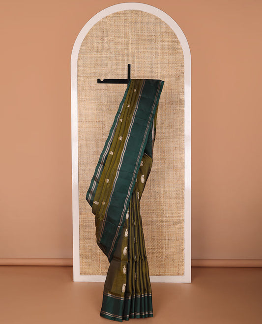 Olive green floral motifs uppada saree with contrast zari border & ogee design pallu