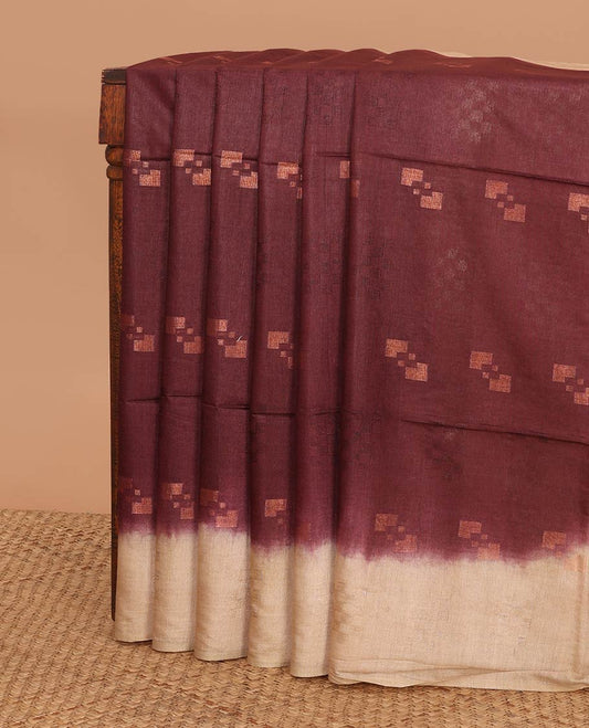 Brown geometric motifs linen saree with contrast geometric design & sequins embroidery pallu