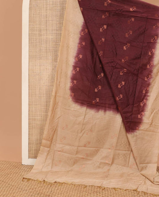 Brown geometric motifs linen saree with contrast geometric design & sequins embroidery pallu