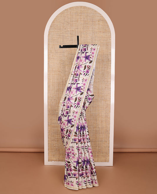 Borderless cream floral design kamala silk saree with contrast plain blouse