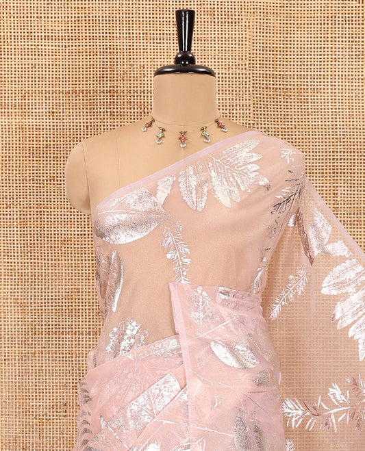 Borderless pink tropical floral-leaf motifs foil printed glass tissue saree, tropical floral-leaf theme foil printed pallu