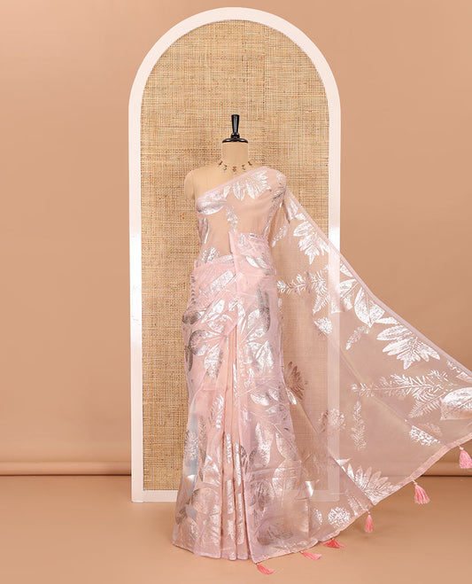 Borderless pink tropical floral-leaf motifs foil printed glass tissue saree, tropical floral-leaf theme foil printed pallu