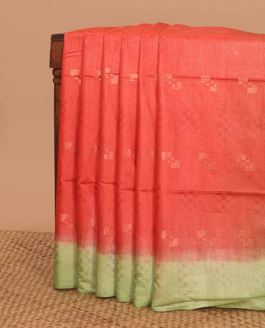 Peach  motifs linen saree with contrast geometric design & sequins embroidery pallu