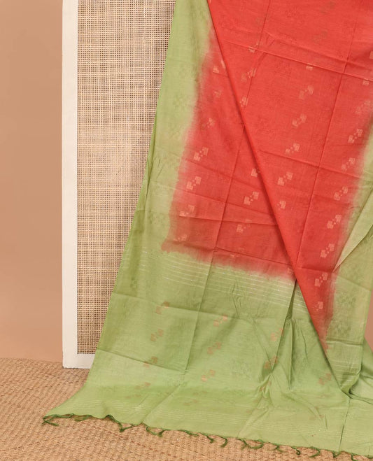 Peach  motifs linen saree with contrast geometric design & sequins embroidery pallu