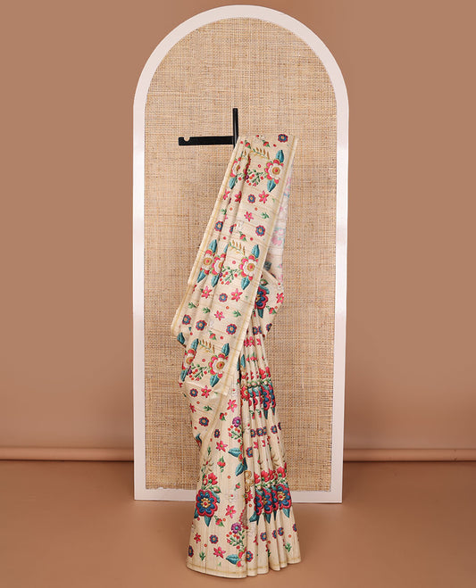 Borderless cream floral motifs kamala silk saree with contrast plain blouse