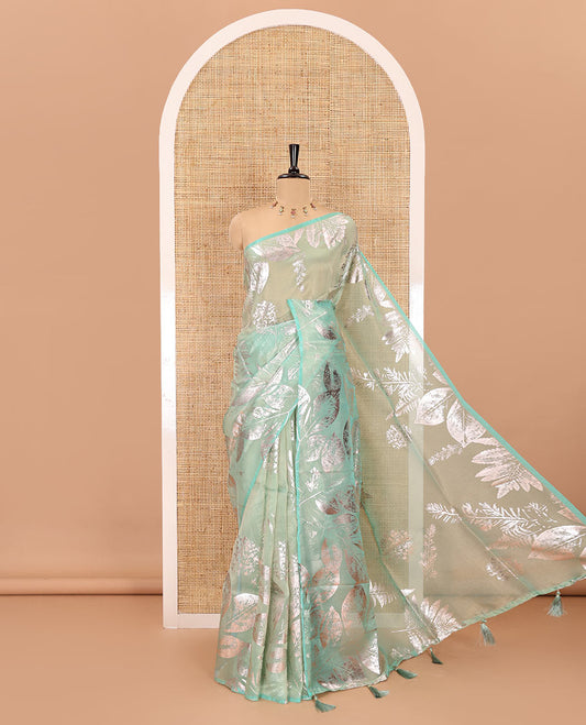 Borderless blue tropical floral-leaf motifs foil printed glass tissue saree, tropical floral-leaf theme foil printed pallu
