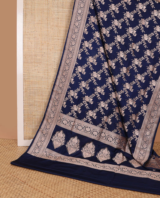 Blue floral jaal banaras silk saree with self border of zari design & floral design pallu