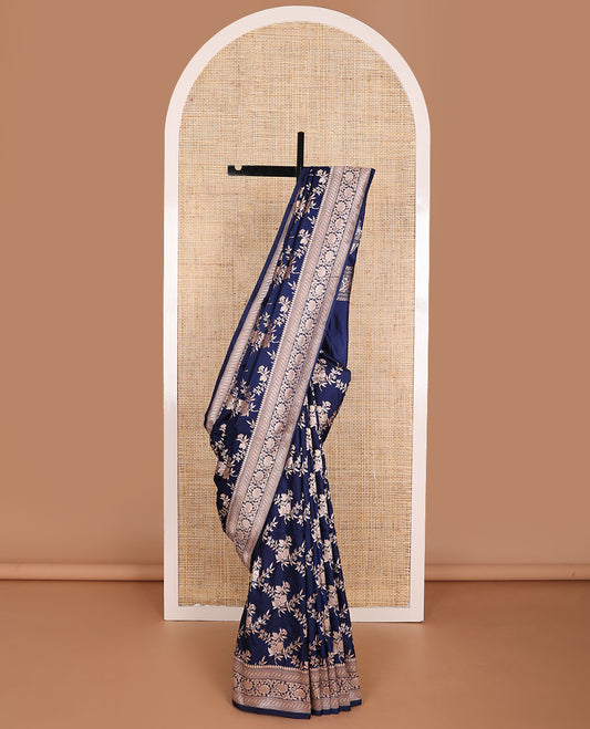 Blue floral jaal banaras silk saree with self border of zari design & floral design pallu